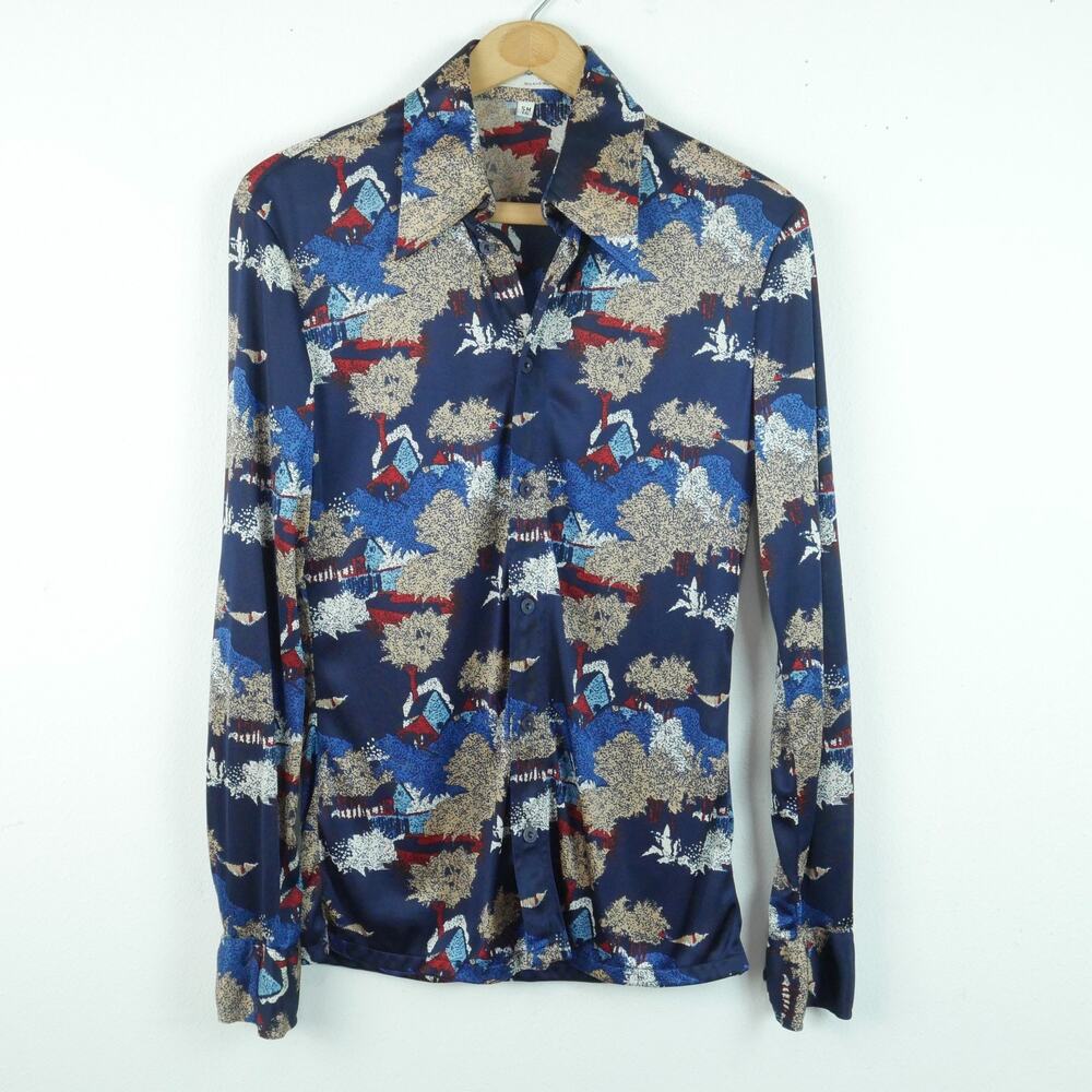 Vintage 70’s Roland Kosser Disco Shirt Dagger Collar Small 15 Novelty Print Blue